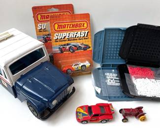 Vintage Tin Toy Cars Including Mail Truck & New Portable Battleship Game Lot #: 124