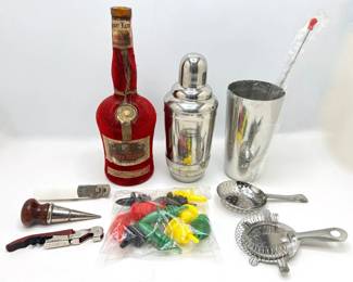 Vintage Velvet Covered Cherry Marnier Bottle, Cocktail Shakers: New & With Mother Of Pearl & Other Barware Lot #: 137