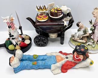 The Ritz Dessert Cart Teapot & 3 Figurines: Sleeping Clown, Cooking Cow & Couple With Swans Lot #: 178