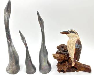 3 Hoselton Canada Signed Bird Sculptures & Chinese Hand Carved & Painted Wood Bird On Burl Wood Lot #: 98