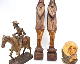 4 Vintage Hand Carved Wood Sculptures: Pair Monks, Spanish Man On Horse & Smoking Troll Lot #: 97