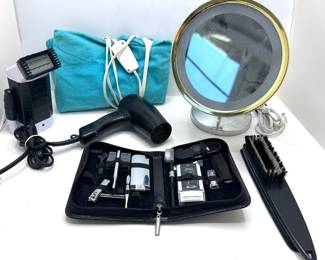 Sharper Image Grooming Kit In Leather Case, Hair Dryer, Magnifying Mirror, Steamer & Other Bathroom Supplies Lot #: 181