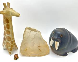 Vintage Arabia Giraffee & Walrus, Gold Deer In Resin Block & Tiny Lion Lot #: 99