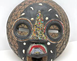 Vintage Ghana African Ashanti Mask Solid Wood Beaded Mask, Ready To Hang Lot #: 36