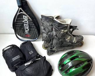 Rollerblade Inline Skates Mens Size 10, Safety Pads, Helmet & Racketball Racket Lot #: 179