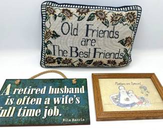 Folk Art Needlepoint Friends Pillow, Mother's Rag Doll Drawing & Marriage Joke Plaque Lot #: 177