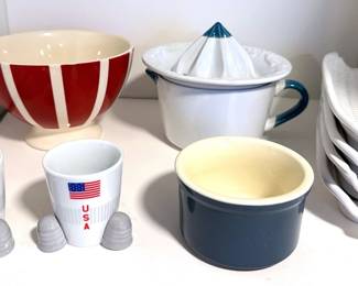 Ceramic Juicer, 4 Corn Plates, NASA Shot Glasses, Striped Bowl & Cuisinart Ramekin Lot #: 139