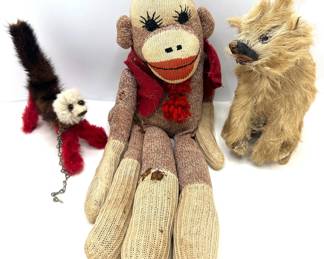 Vintage Sock Monkey, Real Fur Bear & Real Fur Dog Stuffed Animals Lot #: 122