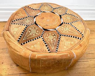 Vintage Moroccan Leather Pouf Ottoman Cushion Lot #: 16