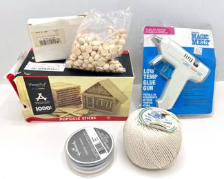 New Craft Supplies: Popsicle Sticks, Wood Ends, Glue Gun, Ribbon & Rope Lot #: 156