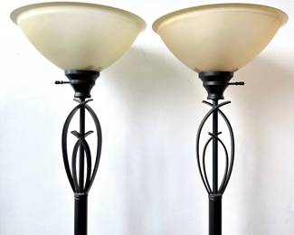 Pair Extra Tall Metal Torchiere Floor Lamps With Glass Shades With Matching Table Lamp Lot #: 27