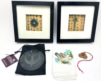 2 Shadow Boxes With Vintage Chinese Coins, Art Glass Window Hanging, Chinese Coin Pendant & More Lot #: 120
