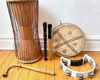 Ghana Talking Drum With Beater, Native American Kultrun Drum, Tamborine & 2 Recorders Lot #: 14