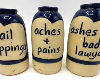 3 Hand Made Humorous Stoneware Jugs: Nail Clippings, Ashes Of Bad Lawyer & Aches & Pains Lot #: 103