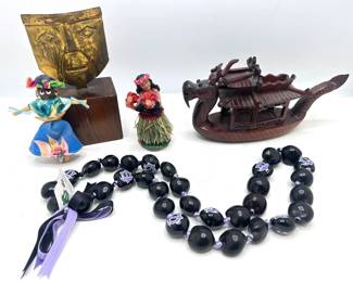 New Hawaiian Kukui Beads, Chinese Dragon Boat, Metal Mask Figurine & 2 Dolls Lot #: 100