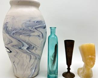 Nemadji Indian River Pottery Marbled Vase, Glass Bud Vase, Bronze Cup & Egyptian Marble Head Lot #: 104