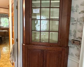 19th century 2 piece corner cabinet, 12 light glass door 