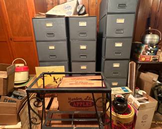 Vintage aquarium stand, cardboard file cabinets