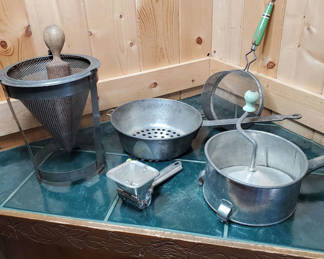 Lot 60: Vintage Metal Chinois Strainer with Wood Pestle, And More.
