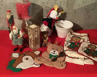 Lot 193: Christmas decor: figurines, lantern, candle, and textiles