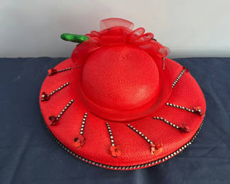 Lot 16: Red decorative wide-brim straw hat