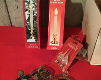 Lot 195: 13 Brass Candle Lamp Boxes, spare bulbs and Decorations