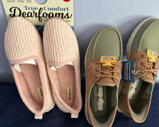 Lot 26: Pink knit Dearfoams slippers and brown Skechers Slip-Ins shoes