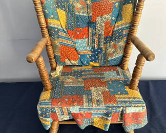 Lot 1: Patchwork Upholstered Childs Wooden Rocking Chair