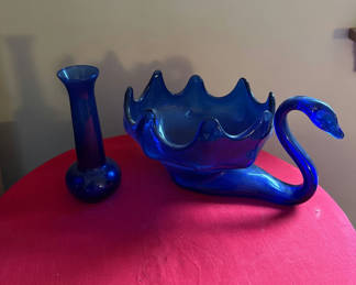 Lot 137: Blue glass swan bowl and tall vase