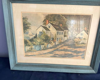 Lot 13: Framed watercolor coastal village scene