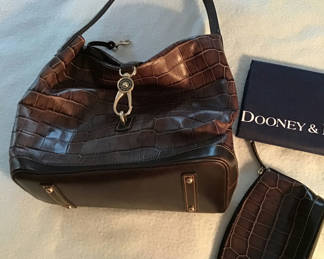 Lot 114: Brown crocodile-embossed leather handbag with matching wallet and accessories