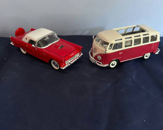 Lot 39: Red and white vintage die-cast toy cars: a convertible and a VW-style bus
