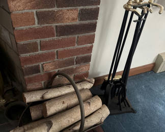 Lot 109: Birch Firewood and Fireplace Tool Set