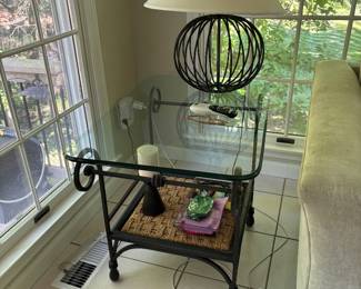 OPEN IRON CIRCULAR LAMP AND GLASS TOP END TABLE