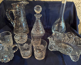 Lot 201: Crystal glassware set with etched floral patterns