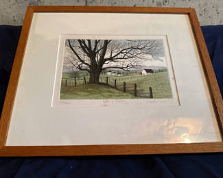 Lot 221: Carol Collette - Framed landscape art print with large tree and fence