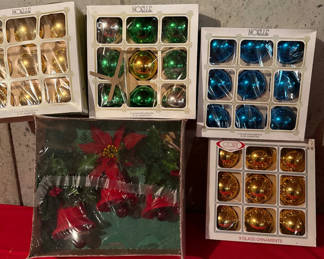 Lot 182: Assorted Christmas glass ornaments and poinsettia arrangement