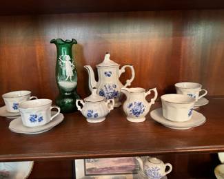 antique child’s tea service plus antique green cameo glass vase