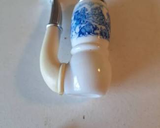 Vintage Blue White Porcelain PipeShaped Vanity Collectible with Matching Stick Pin