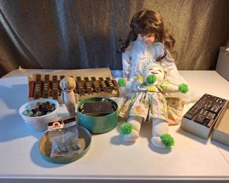 Miscellaneous Collectibles Lot with Dominoes, Marbles, Dolls Xylophone