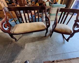 Antique Upholstered Settee Matching Rocking Chair 2 Pieces