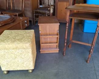 Vintage Hall Table, Magazine Rack Upholstered Storage Ottoman full of Sewing supplies 3 Pieces