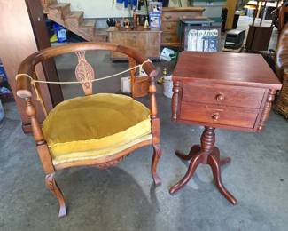 Antique Carved Corner Chair Vintage TwoDrawer Pedestal Stand