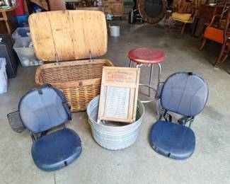 Vintage Wash Tub, Washboard, Picnic Basket Folding Stadium Seats Collection
