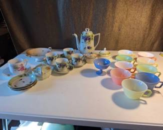 Vintage China Tea Set, Pastel HazelAtlas Cups Assorted Serving Pieces