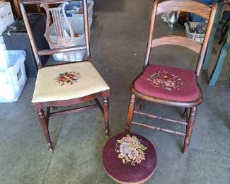 Vintage Needlepoint Accent Chairs Footstool 3 Pieces