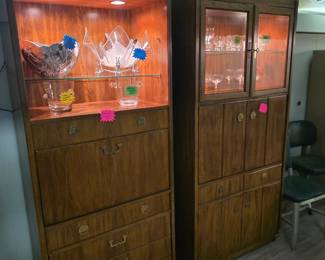 Lit Curio cabinet, Tiffany crystal ice bucket, Sutton House Crystal chamlahne bucket, waterford crystal glasses
