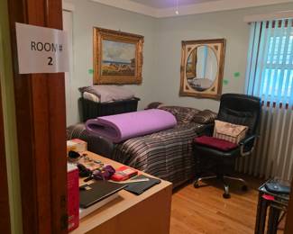 Bedroom furniture, desk, office chairs, oil paintings (original), and mirror
