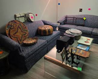 Couches, end tables, art