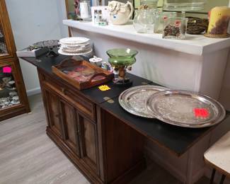 Vintage silver trays, rolling wooden bar, vases and cut glass vases